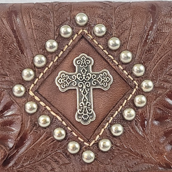 NWT American West Tooled Leather Wallet Brown 7" Snap Closure Western Design VTG - Picture 2 of 16